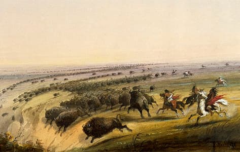 Un buffalo jump en la imaginación del pintor Alfred Jacob Miller, el cuadro es del 1860 aproximado